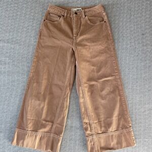 Topshop Women High Waist Wide Crop Leg Jeans Pants Brown Khaki Size 28 Camel
